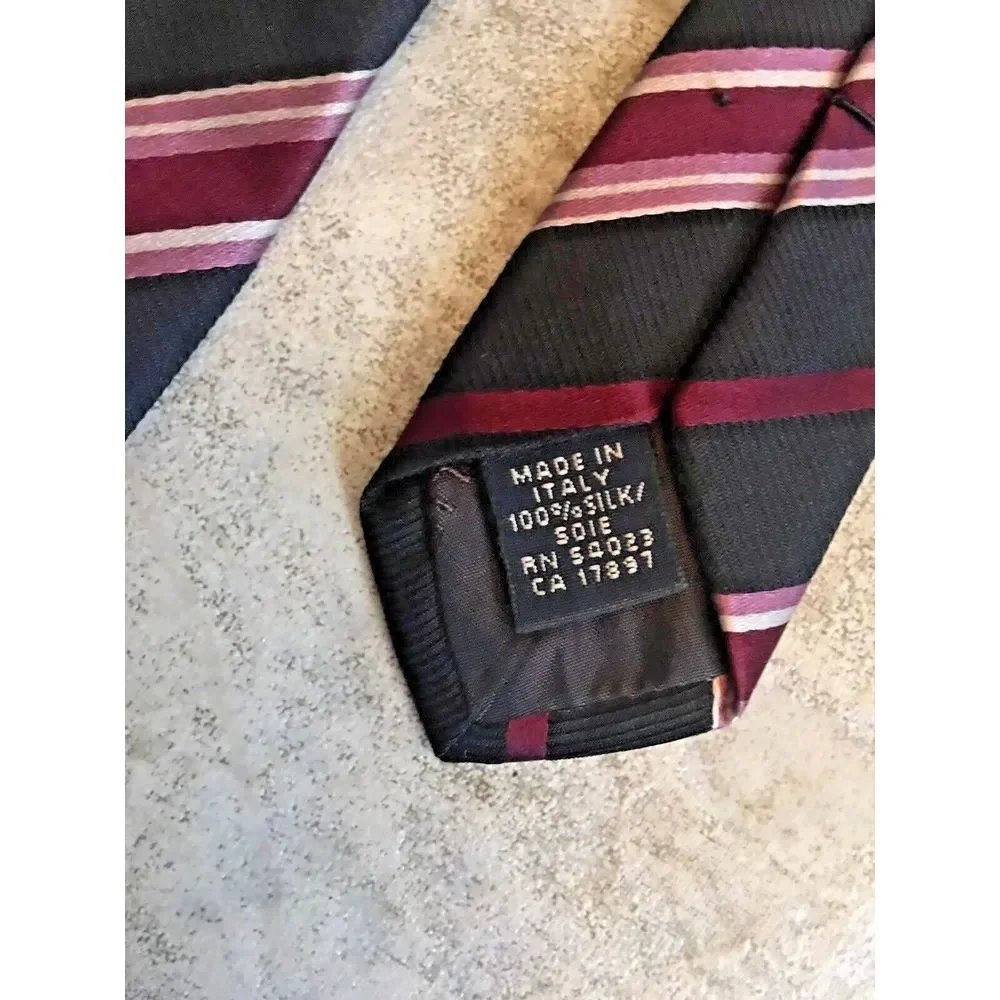 Banana Republic Italian 100% Silk‎ Neck Tie Black w/ Burgundy/Pink stripes